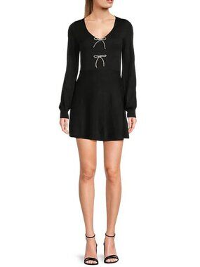 NWT Black Midnight Doll V-Neck Rhinestone Bow Front Long Sleeve Sweater Dress